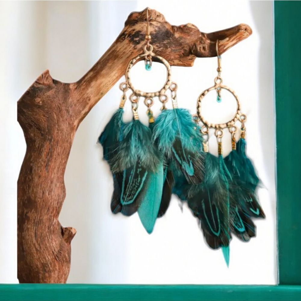 Teal Feather Tassel Earrings Boho Tribal Statement Western Gypsy Dangle Jewelry - Picture 4 of 5